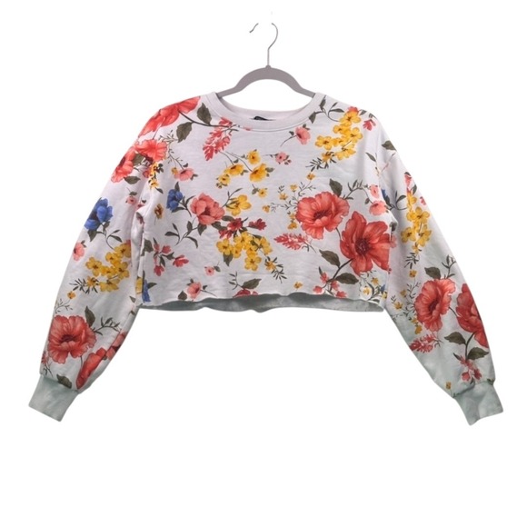 Forever 21 Floral Print Cropped Sweatshirt White Multicolor Size S - Picture 12 of 16